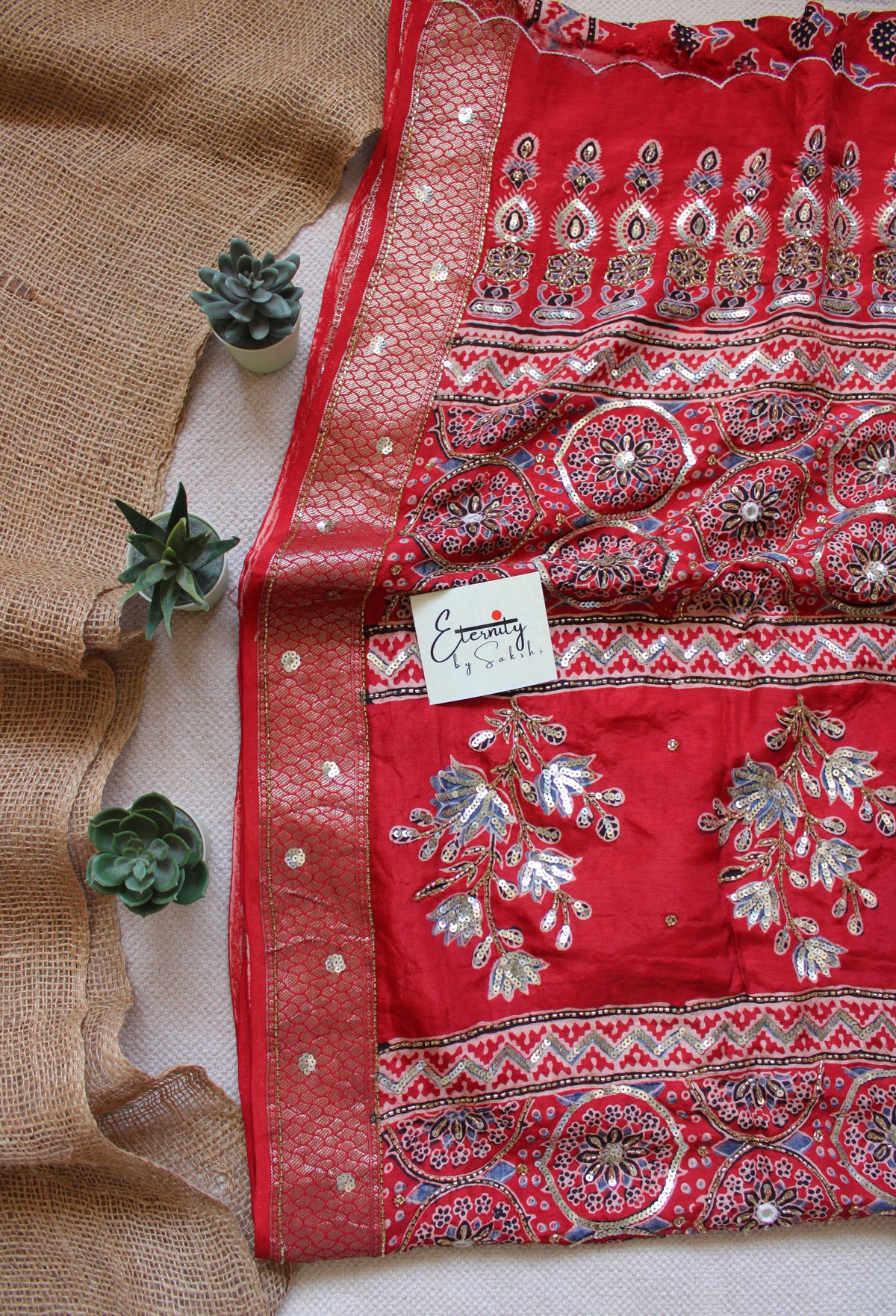 Brick Red Maharani Ajrakh Dola Silk Handwork Saree