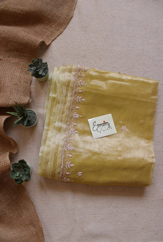 Yellow Handwork Raaz Saree + Beige Metallic Single Zip Mood Blouse Combo - Eternity by Sakshi