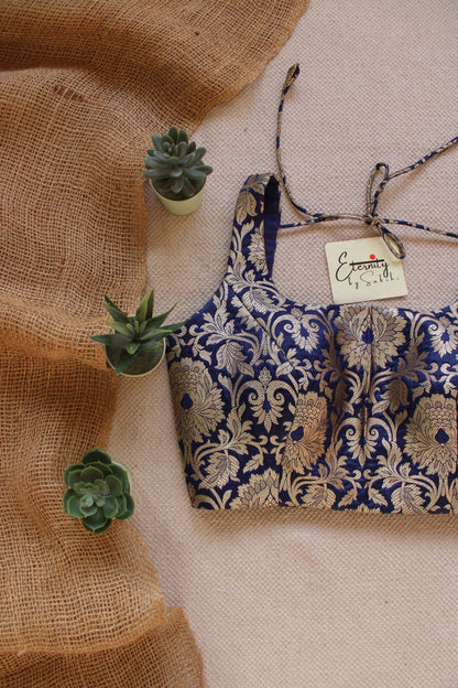 Blue Brocade Elastic Noorie Blouse - Eternity by Sakshi