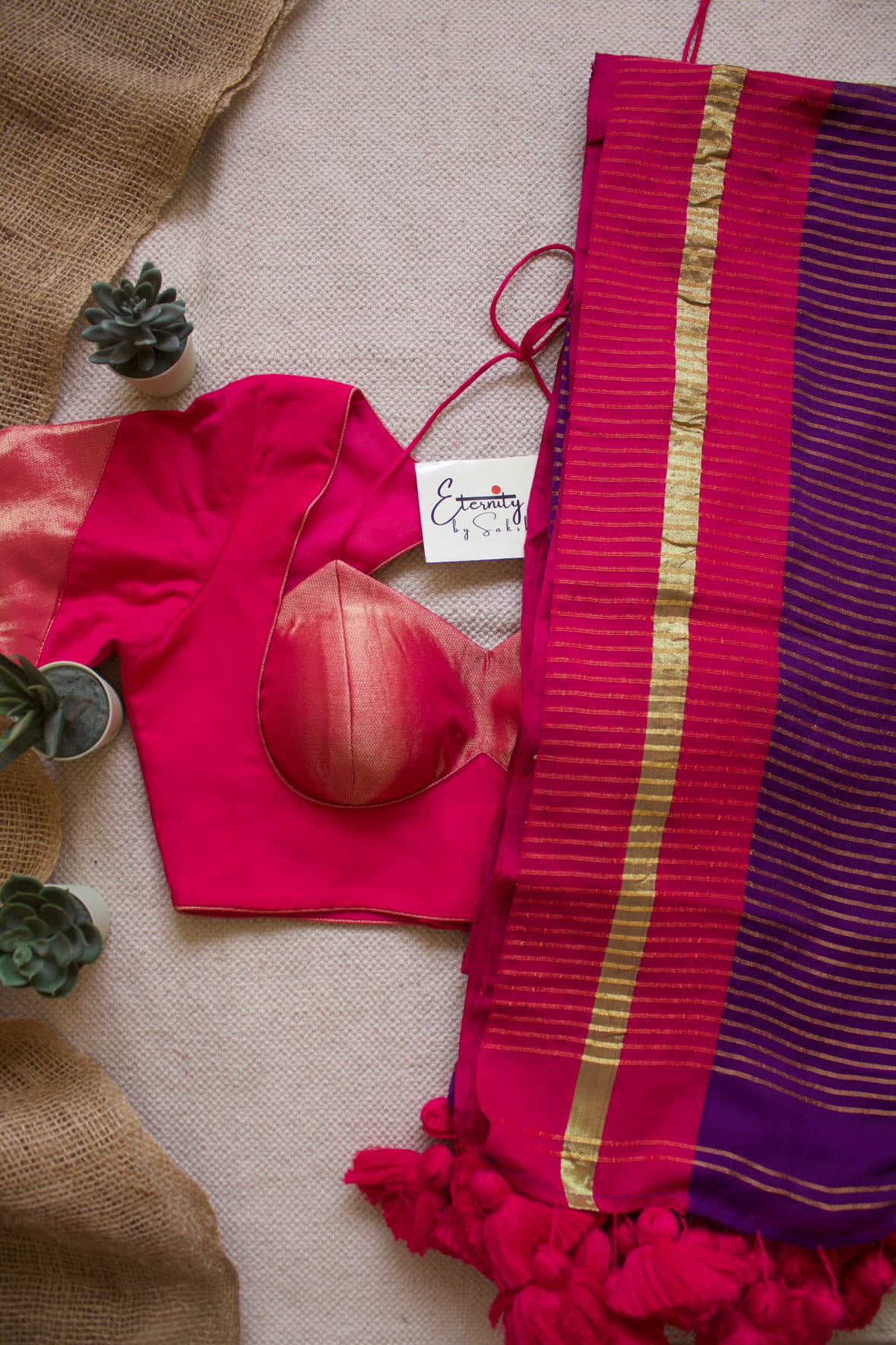 Purple Rang Saree + Pink Glam Blouse Combo