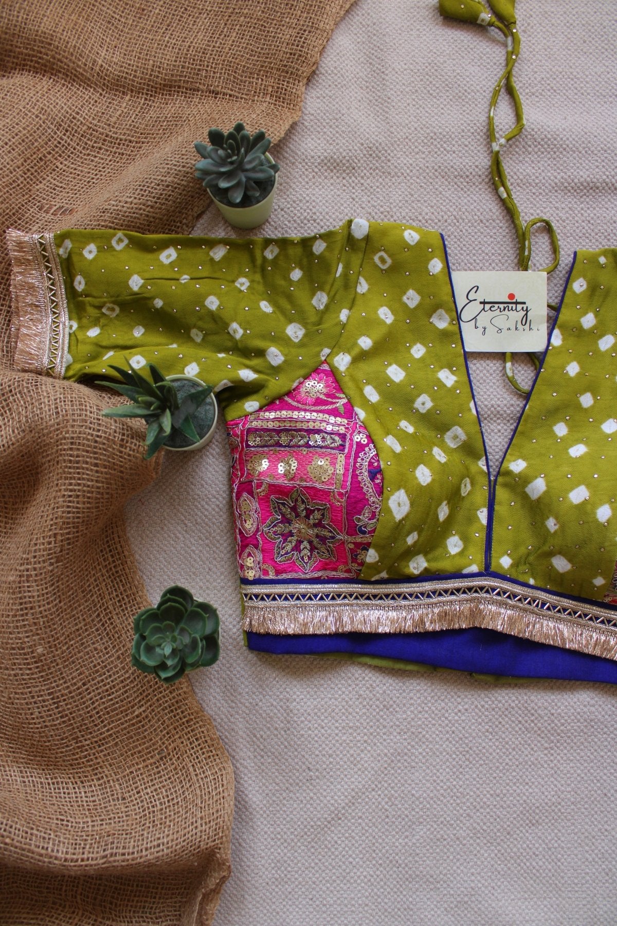 Green Bandhani Pink Patch Blouse - Eternity by Sakshi