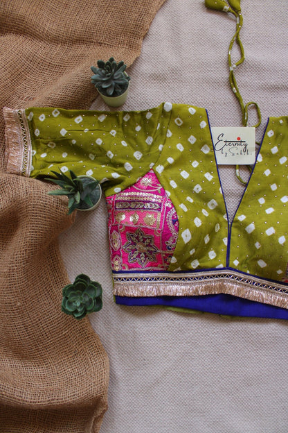 Green Bandhani Pink Patch Blouse - Eternity by Sakshi