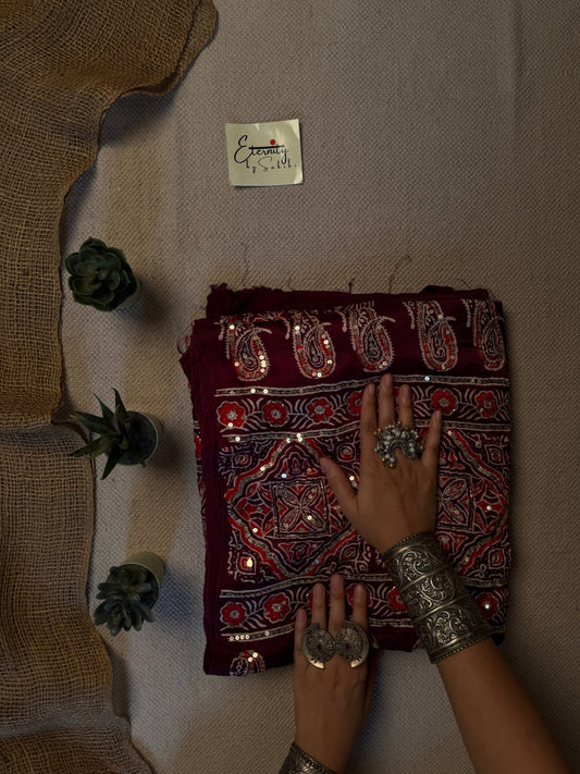 Berry Ajrakh Modal Silk Work Saree - Eternity by Sakshi