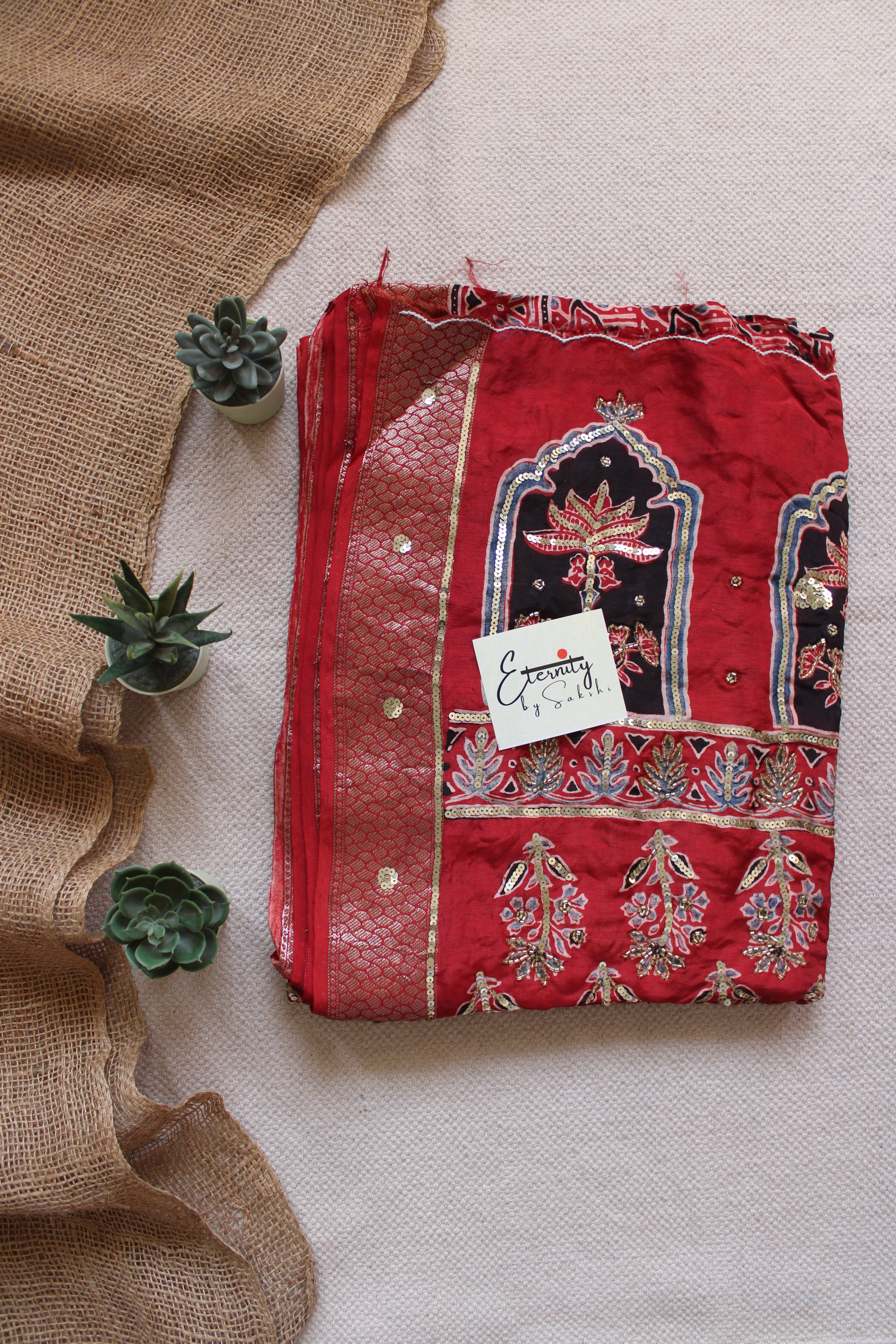 Laal Maharani Ajrakh Dola Silk Handwork Saree