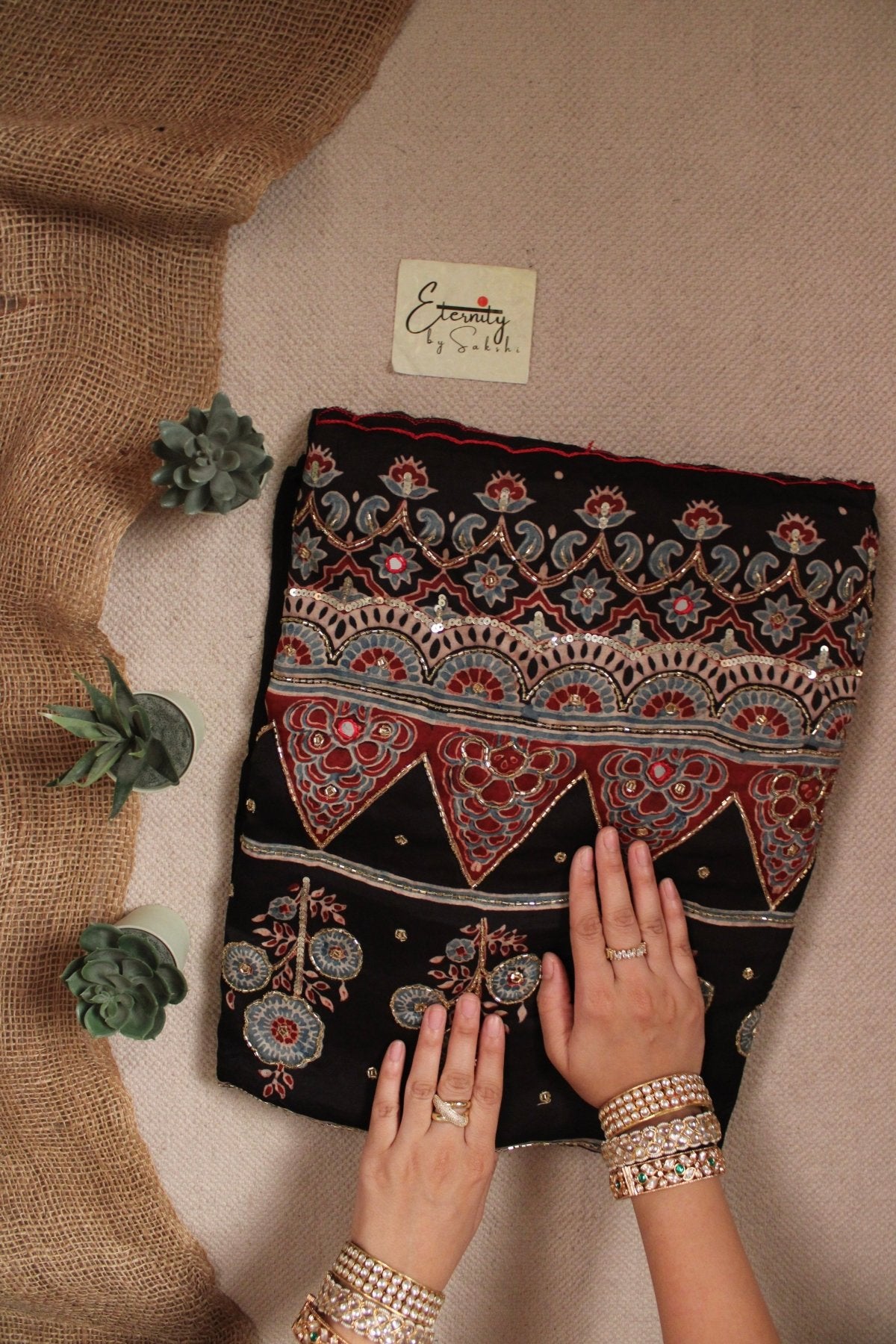 Rangmahal Ajrakh Modal Silk Saree with Artisan Handwork - Eternity by Sakshi