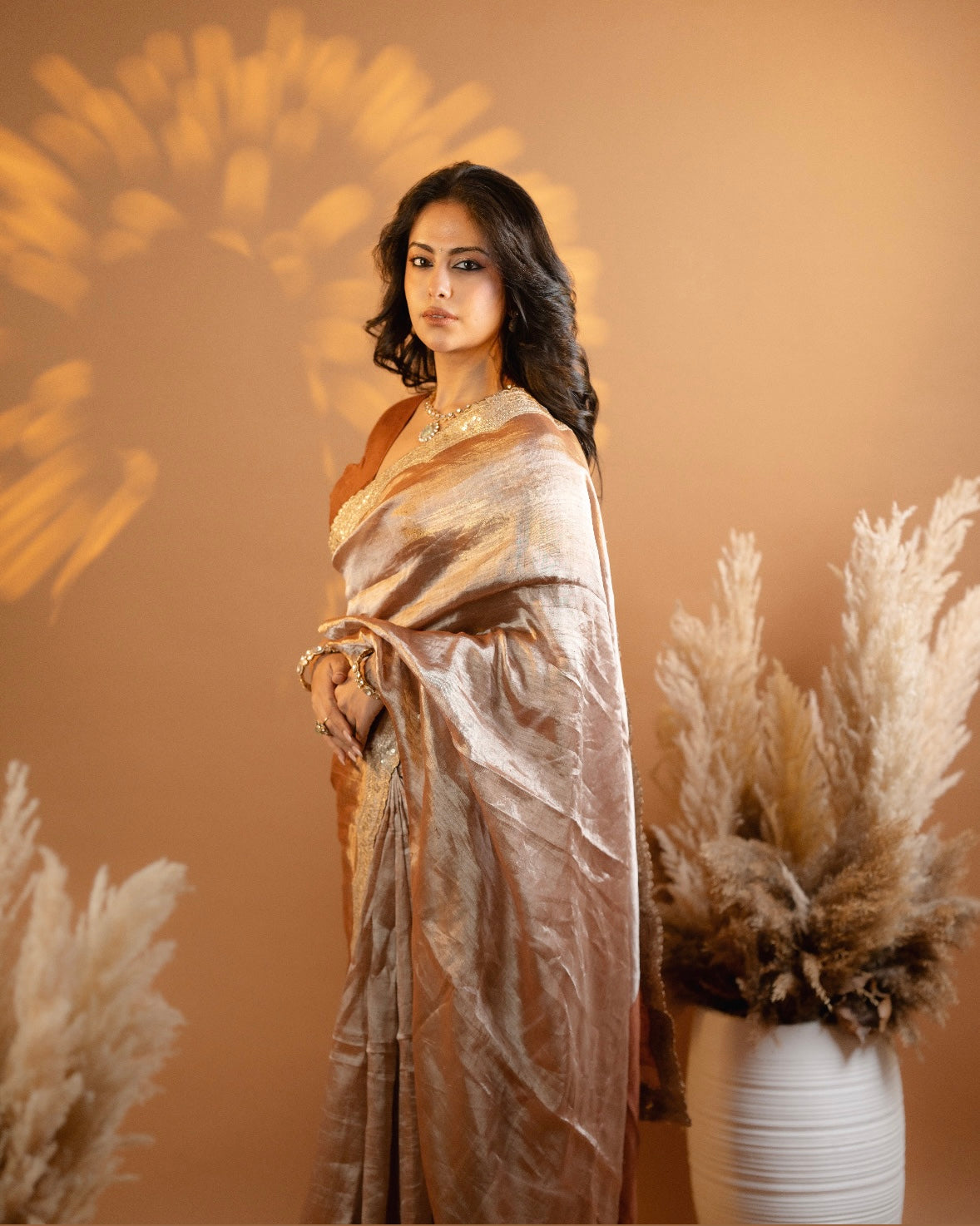 Cinnamon Metallic Linen Saree