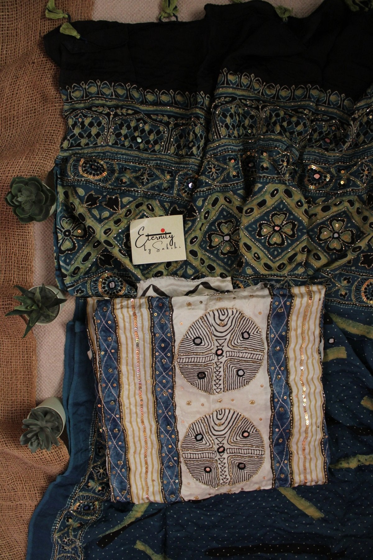 Offwhite Indigo Ajrakh Handwork Unstiched Kurti With Duppata - Eternity by Sakshi
