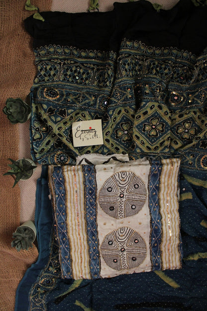Offwhite Indigo Ajrakh Handwork Unstiched Kurti With Duppata - Eternity by Sakshi