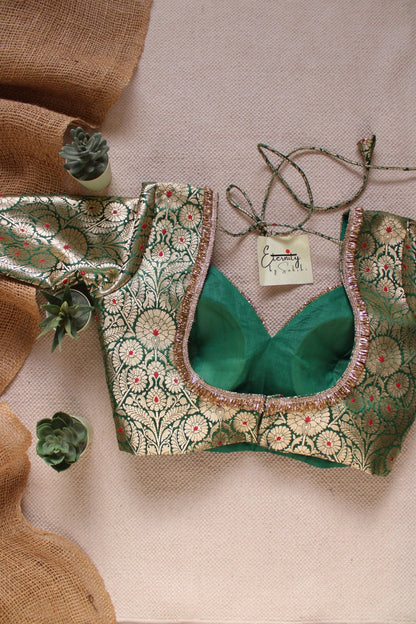 Green Navratri Banarasi Brocade Blouse | Padded, Back Hook - Eternity by Sakshi