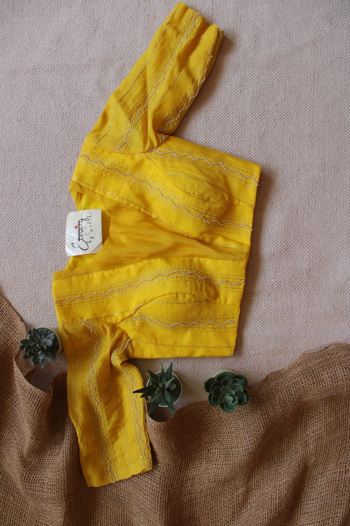 Yellow Spark Chanderi With Pearl Work Blouse - Eternity by Sakshi