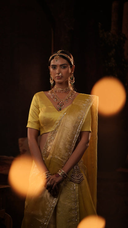 Yellow Handwork Raaz Saree + Yellow Tissue Elastic Blouse - Eternity by Sakshi