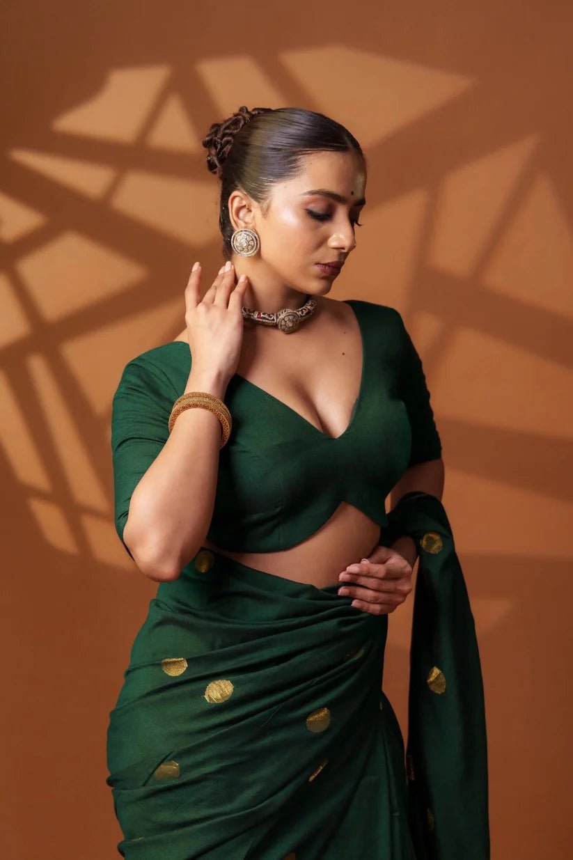 Metallic Yellow Shakti Saree + Green Shadow Blouse Combo - Eternity by Sakshi