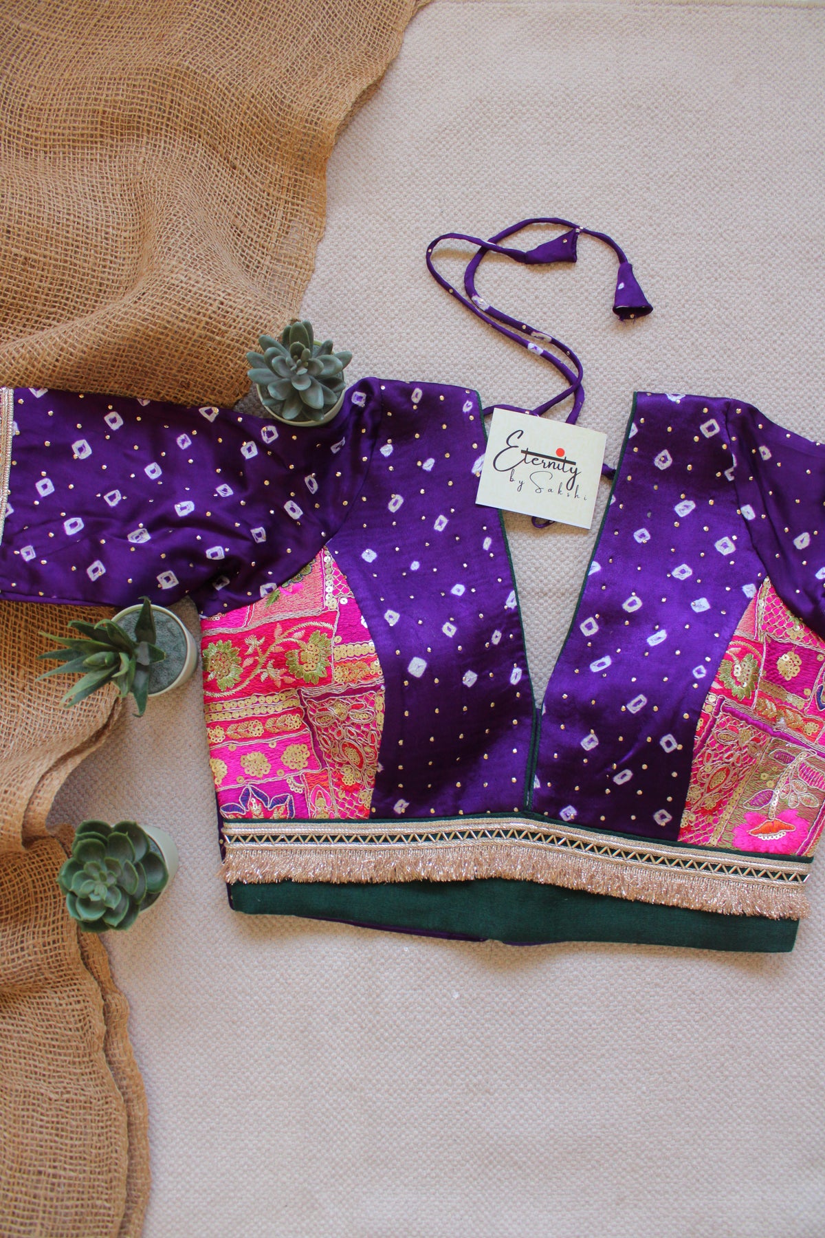 Purple Bandhani Pink Patch Blouse