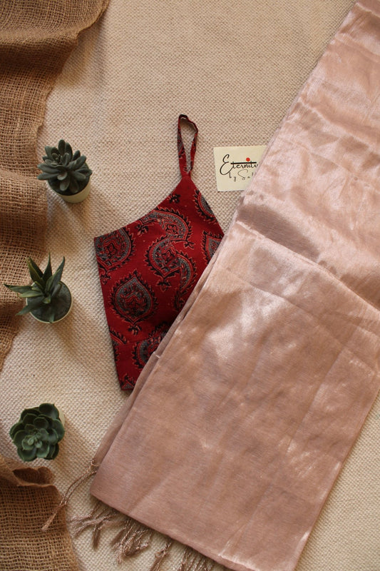 Kashmira Tissue Saree + Maroon Ajrakh Blouse Combo - Eternity by Sakshi