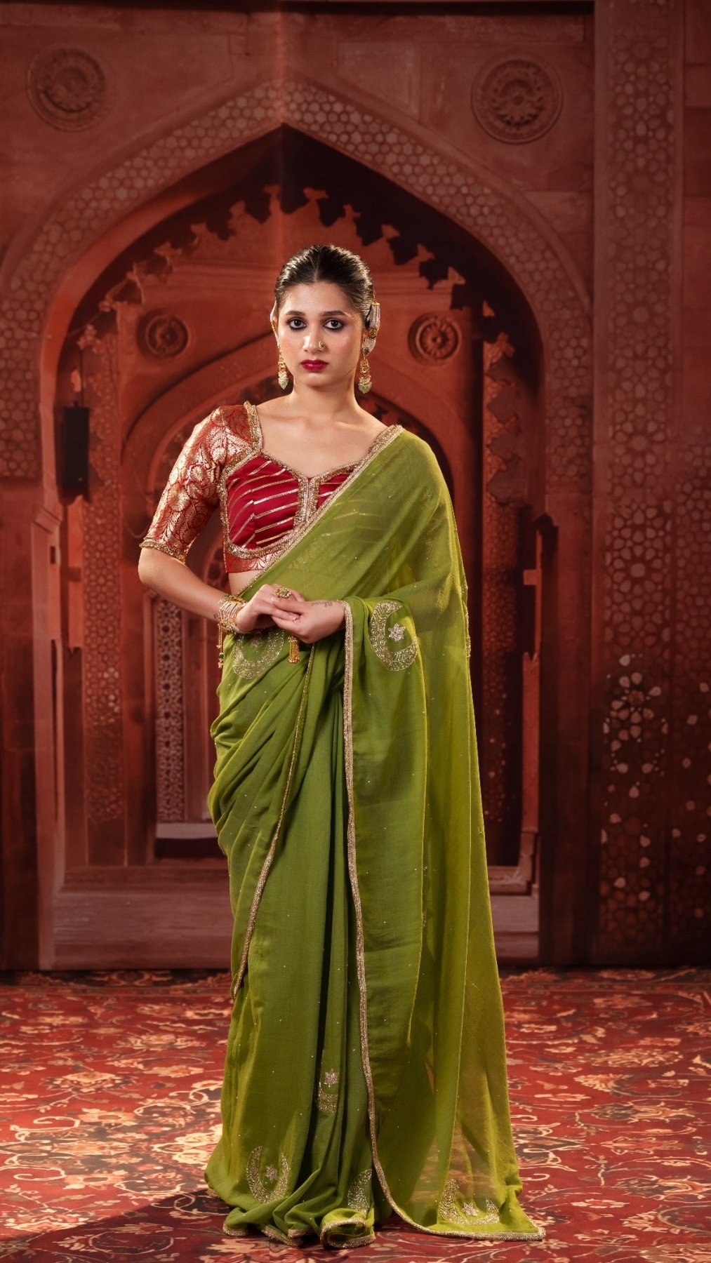 Olive Green Chand Tara Handwork Saree - Eternity by Sakshi