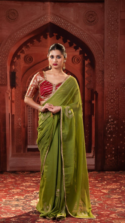 Olive Green Chand Tara Handwork Saree + Red Noor Navratri Banarasi Brocade Blouse | Padded, Back Hook Combo