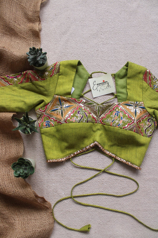 Parrot Green Navratri Patch Blouse - Eternity by Sakshi