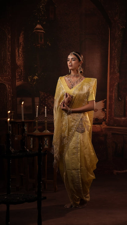 Yellow Handwork Raaz Saree + Yellow Tissue Elastic Blouse - Eternity by Sakshi