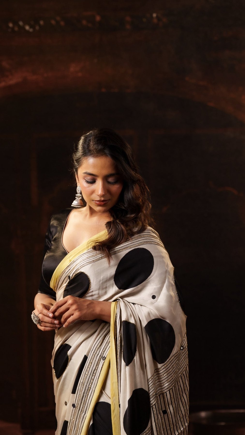 Off-White Ajrakh Polka Modal Silk Saree with Artisan Handwork + Heer Black Blackless Blouse Combo