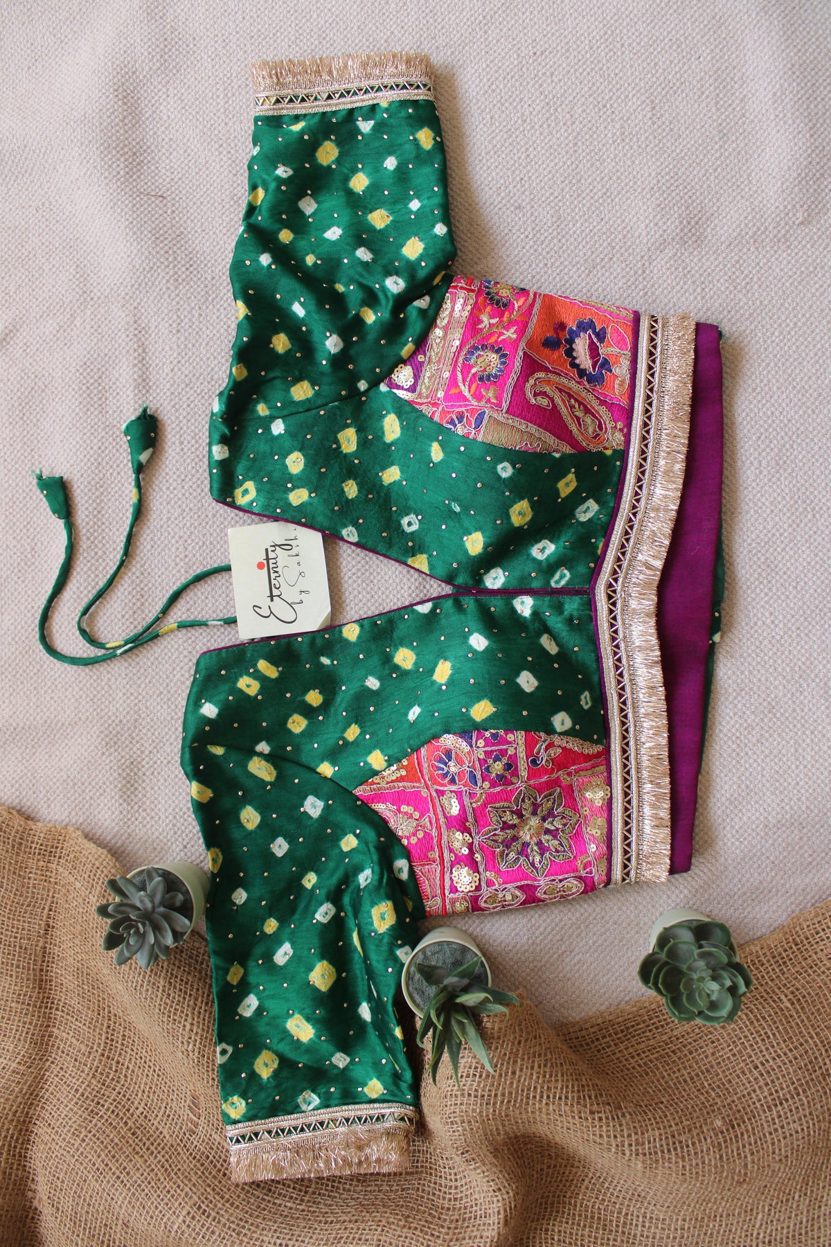 Dark Green Bandhani Pink Patch Blouse