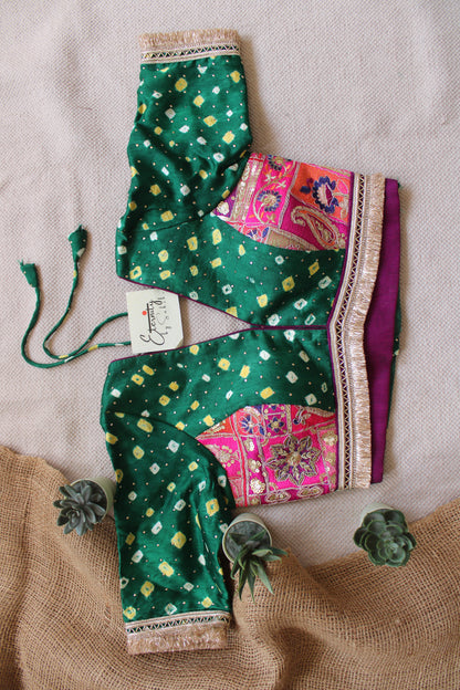 Dark Green Bandhani Pink Patch Blouse