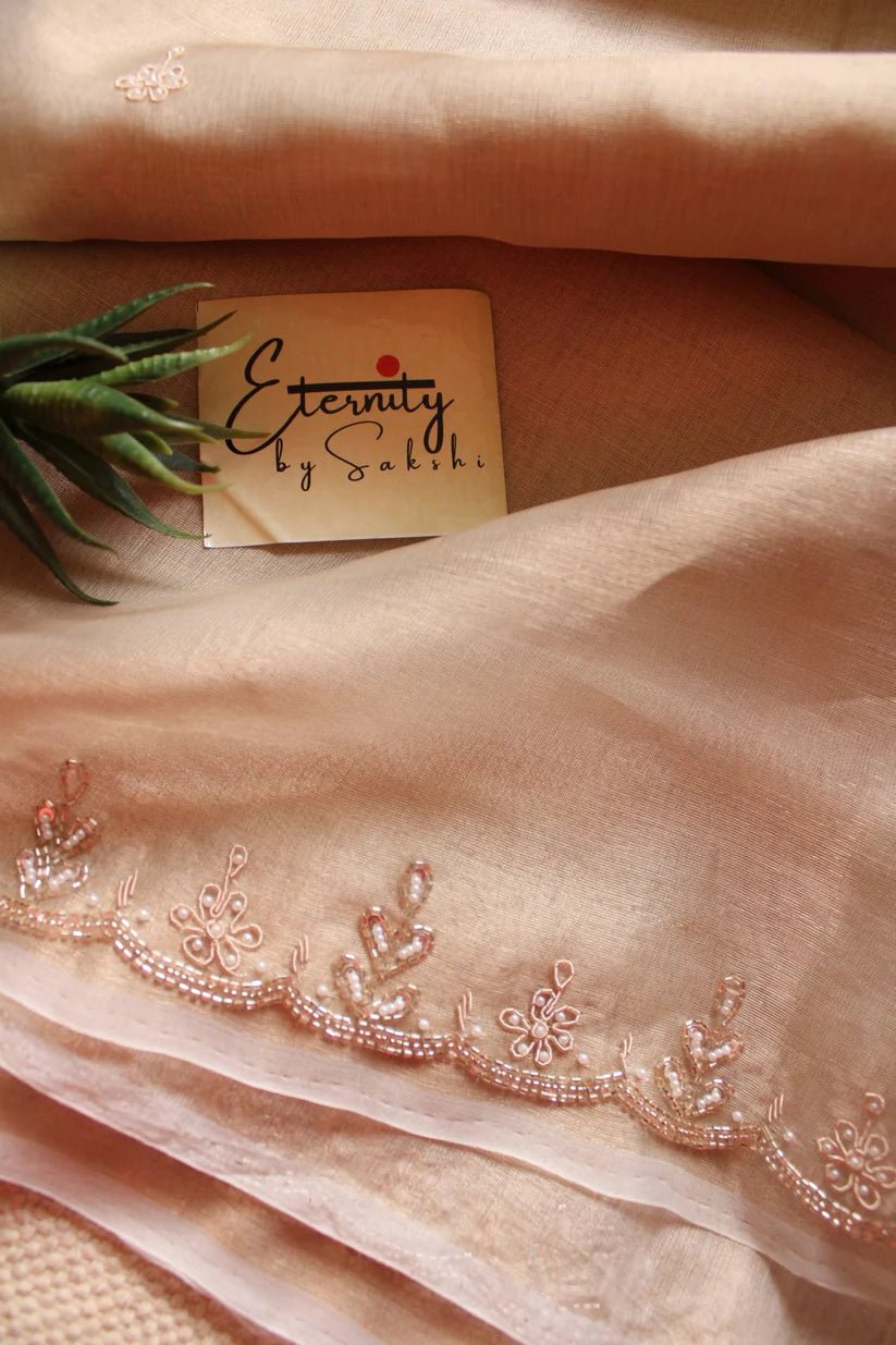 Pearl Handwork Raaz Saree + Beige Metallic Single Zip Mood Blouse Combo - Eternity by Sakshi