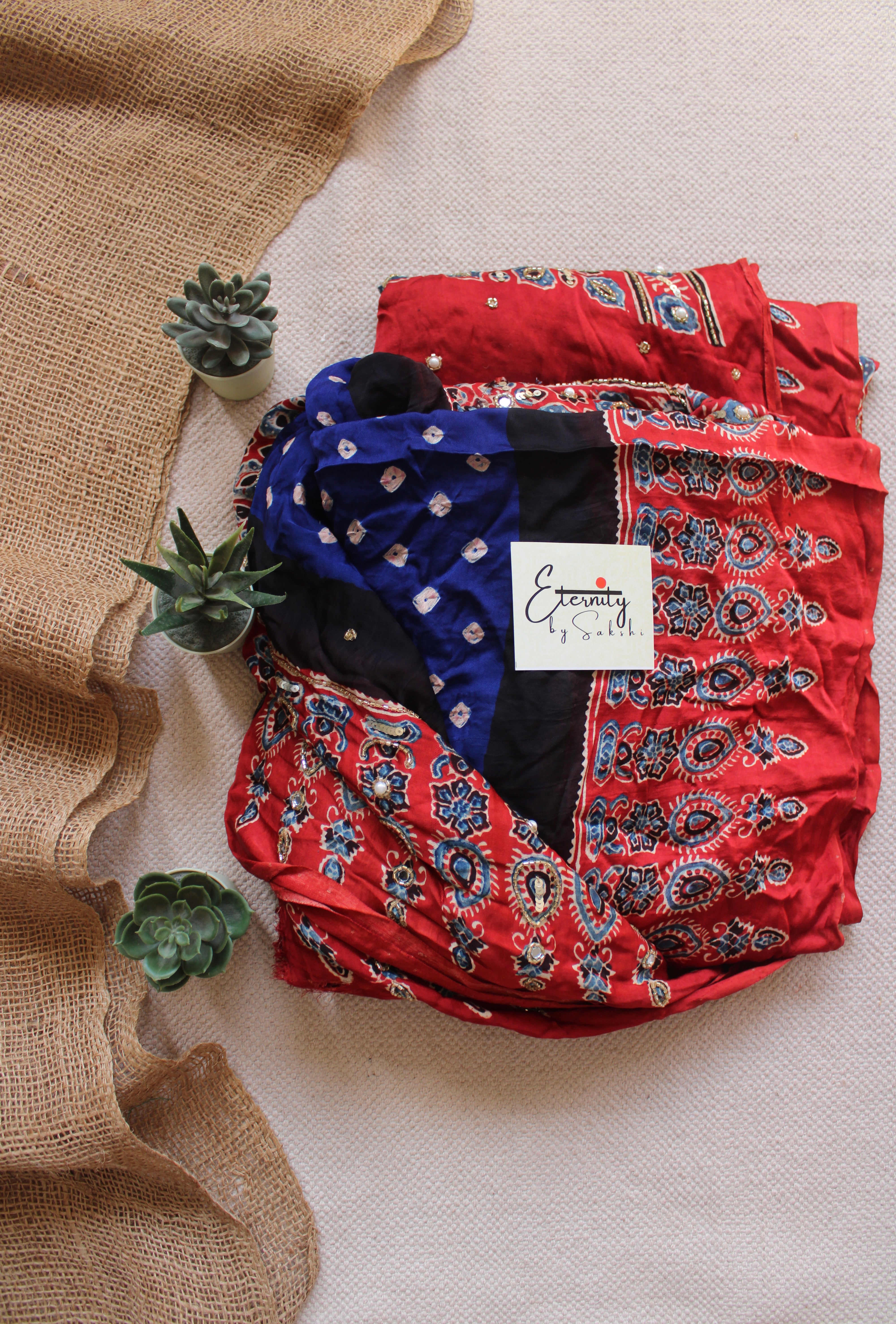 Blue Yellow Bandhani Ajrakh Silk Handwork Saree