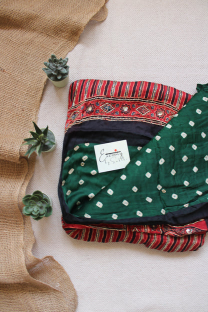 Green Bandhani Ajrakh Silk Handwork Saree