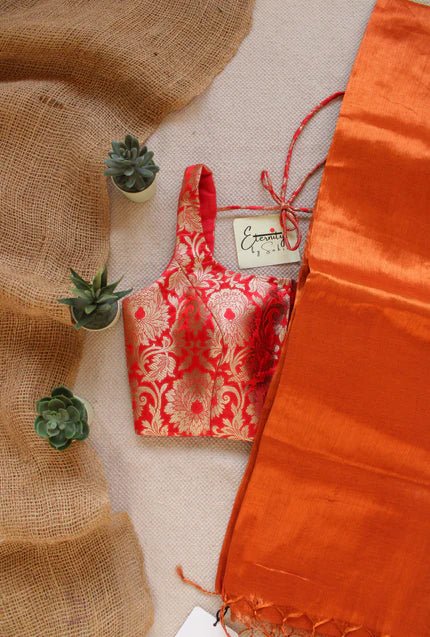 Rust Tissue Saree + Red Brocade Elastic Noorie Blouse Combo - Eternity by Sakshi