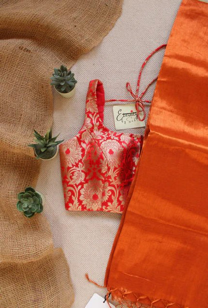 Rust Tissue Saree + Red Brocade Elastic Noorie Blouse Combo - Eternity by Sakshi