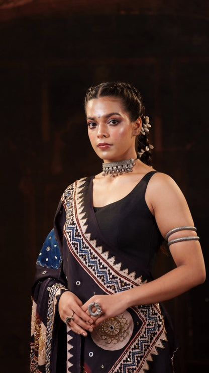 Chaandbaali Ajrakh Modal Silk Saree with Artisan Handwork + Black Noorie Blouse Combo