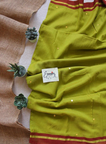 Mehendi Green Varnika Saree + Maroon Gulnaar Brocade Blouse Combo - Eternity by Sakshi
