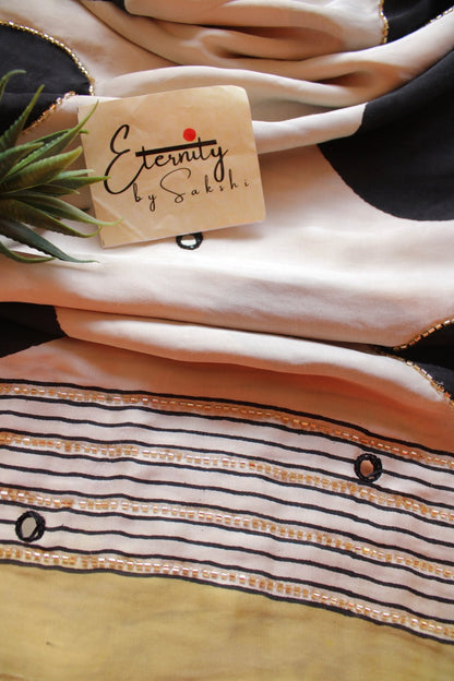 Off - White Polka Modal Silk Saree with Artisan Handwork - Eternity by Sakshi