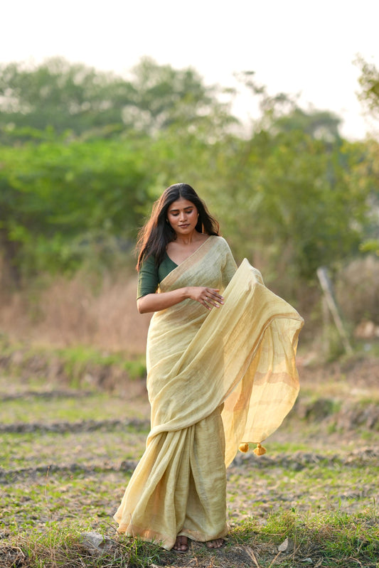 Pista Green Parijat Linen Saree