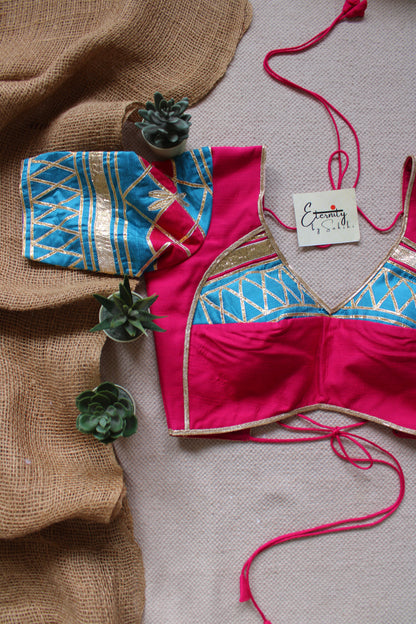 Pink Blue Gottapatti Limited Navratri Patch Blouse