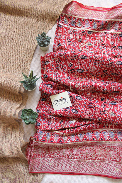 Laal Maharani Ajrakh Dola Silk Handwork Saree