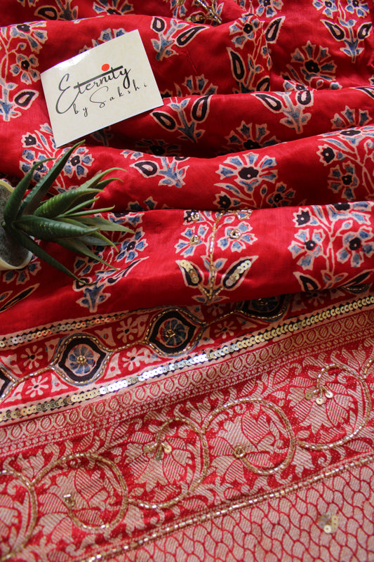 Red Noor Maharani Ajrakh Dola Silk Handwork Saree