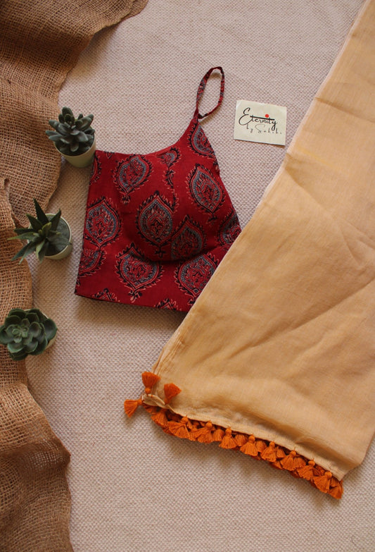 Badam Kulfi Breezy Saree + Maroon Ajrakh Blouse Combo - Eternity by Sakshi
