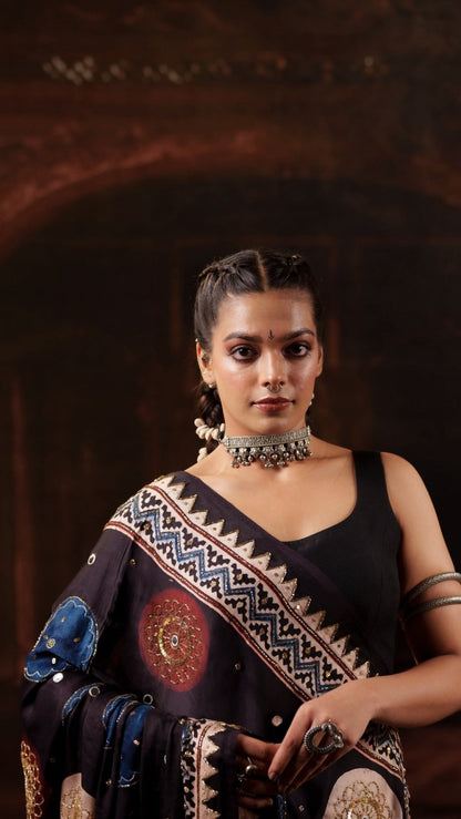 Chaandbaali Ajrakh Modal Silk Saree with Artisan Handwork + Black Noorie Blouse Combo
