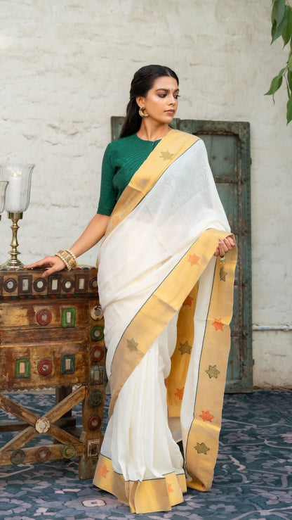 Golden Dusk Handloom Cotton Tissue Silk Saree for Onam | Metallic Weave - Eternity by Sakshi