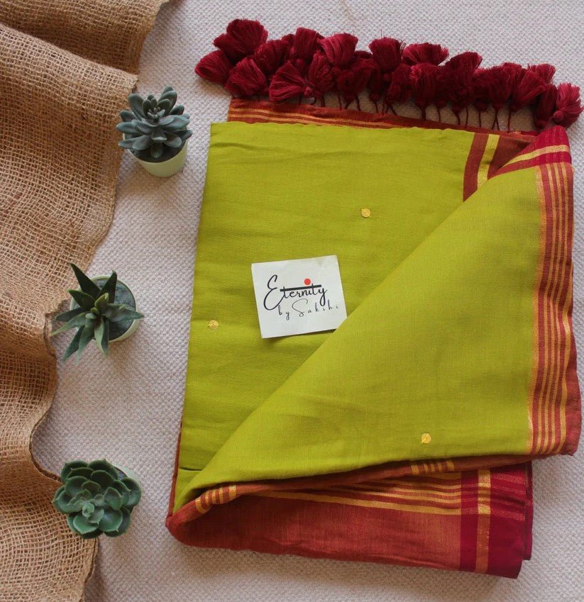 Mehendi Green Varnika Saree + Maroon Gulnaar Brocade Blouse Combo - Eternity by Sakshi