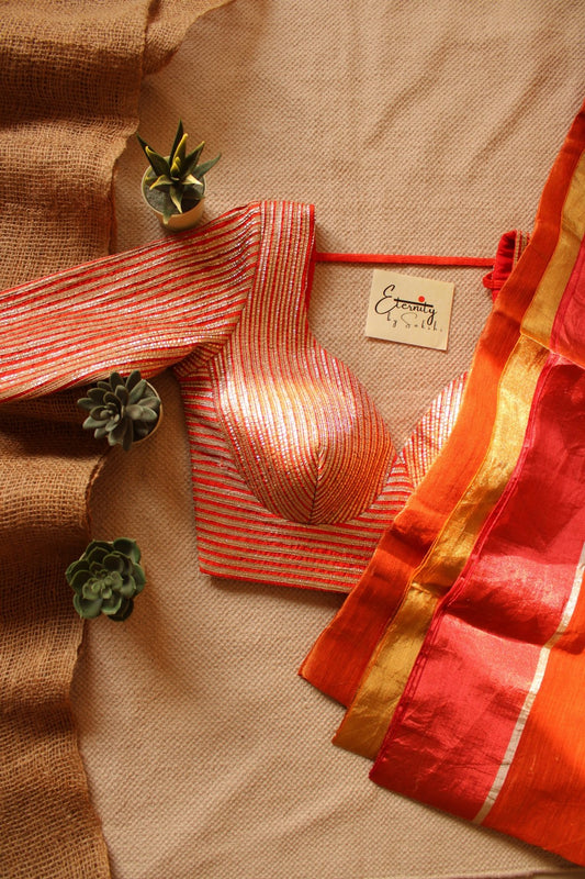 Aza Metallic Linen Saree + Orange Chakori Blouse Combo - Eternity by Sakshi
