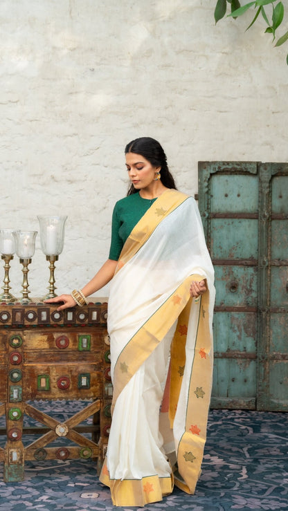 Golden Dusk Handloom Cotton Tissue Silk Saree for Onam | Metallic Weave - Eternity by Sakshi