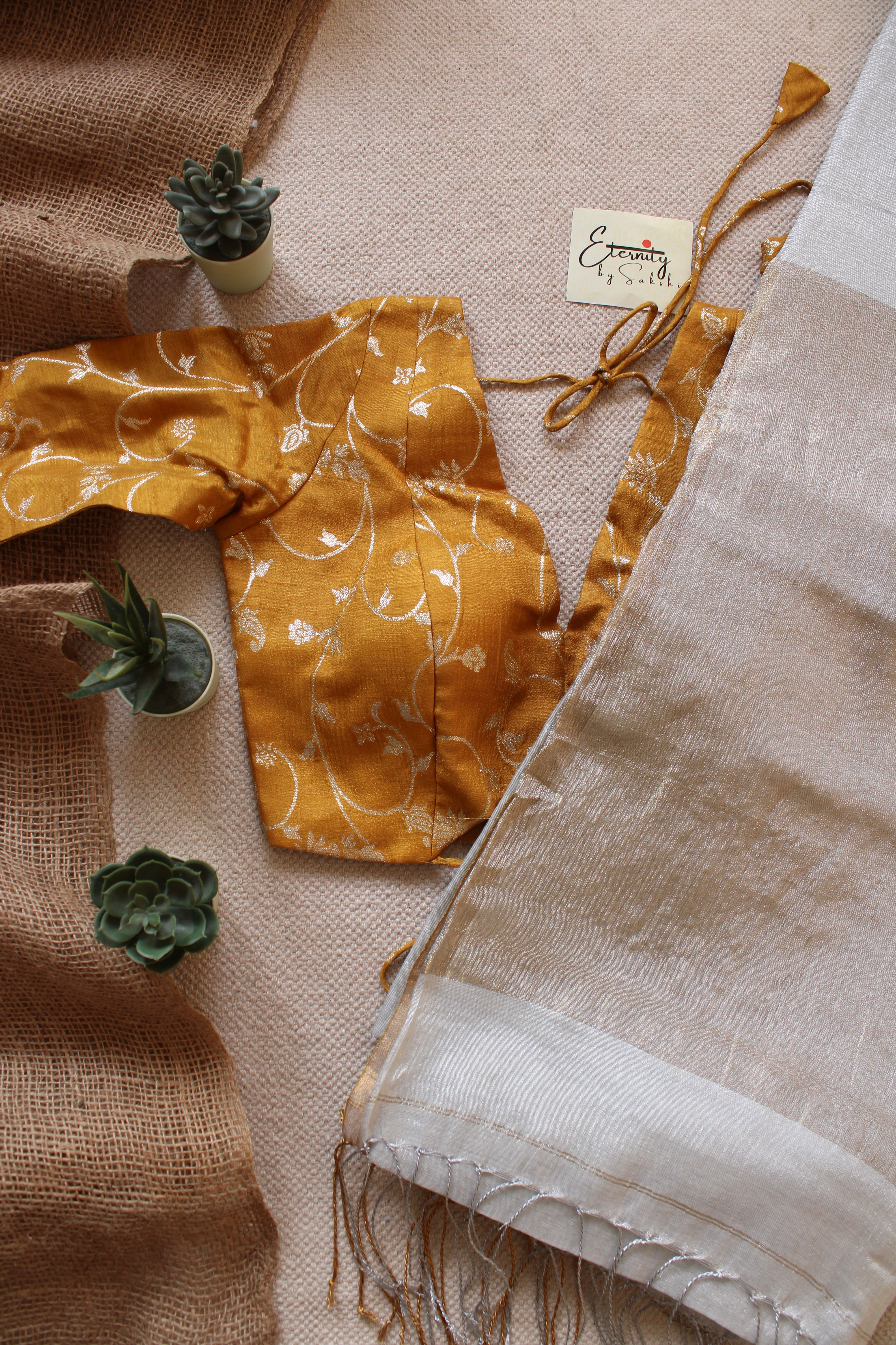 Kerala Tissue Saree + Yellow Brocade Blouse Combo