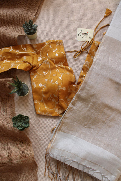 Kerala Tissue Saree + Yellow Brocade Blouse Combo - Eternity by Sakshi