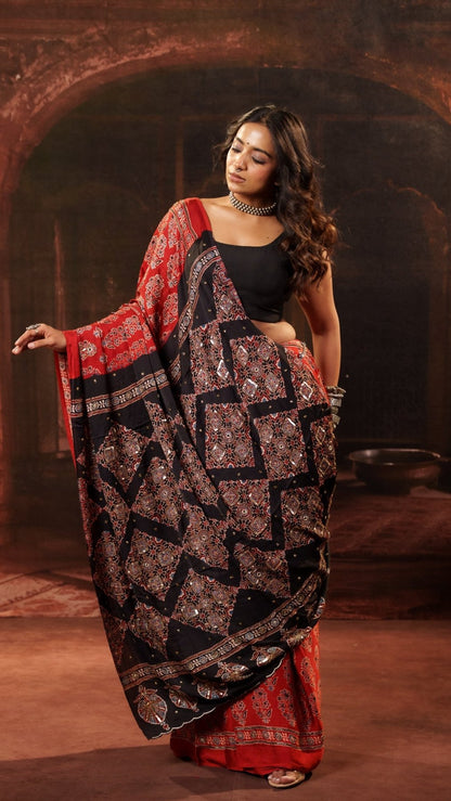 Veya Laal Ajrakh Modal Silk Handwork Saree - Eternity by Sakshi