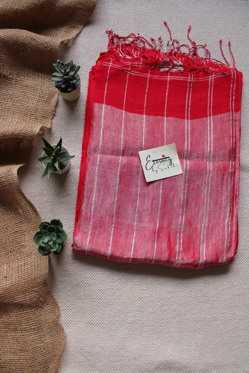 Red stripes Linen Saree + Silver Zari Blouse Combo - Eternity by Sakshi