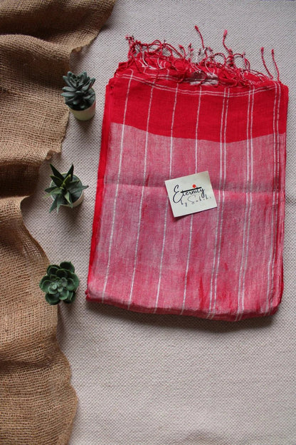Red stripes Linen Saree + Silver Zari Blouse Combo - Eternity by Sakshi