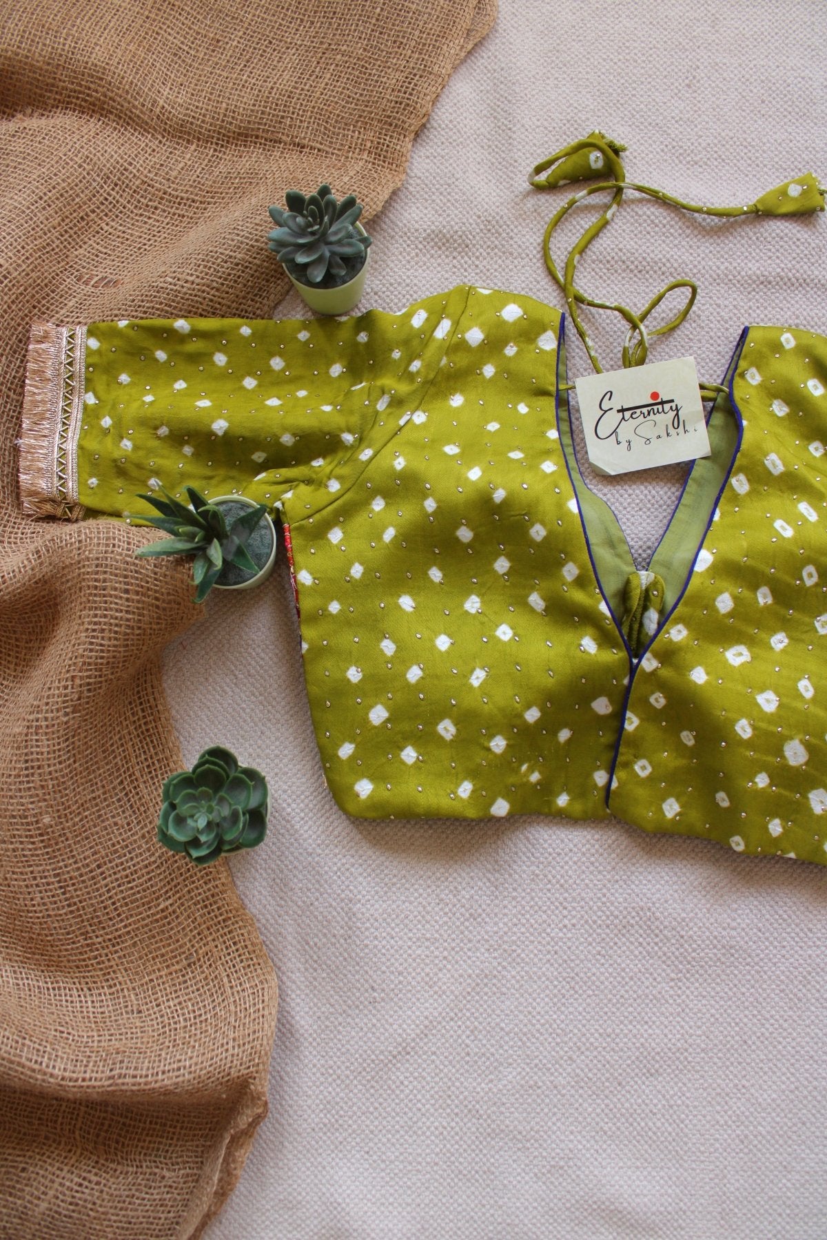 Green Bandhani Pink Patch Blouse - Eternity by Sakshi