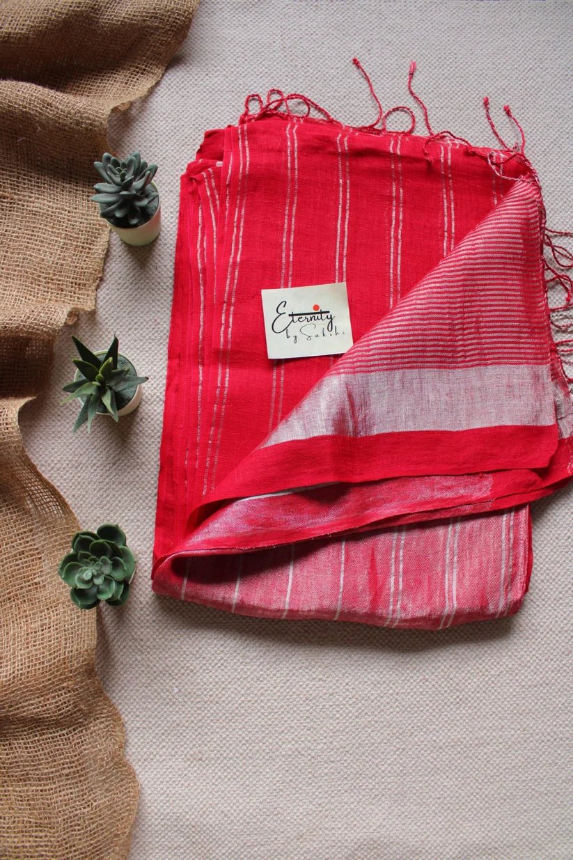 Red stripes Linen Saree + Silver Zari Blouse Combo - Eternity by Sakshi